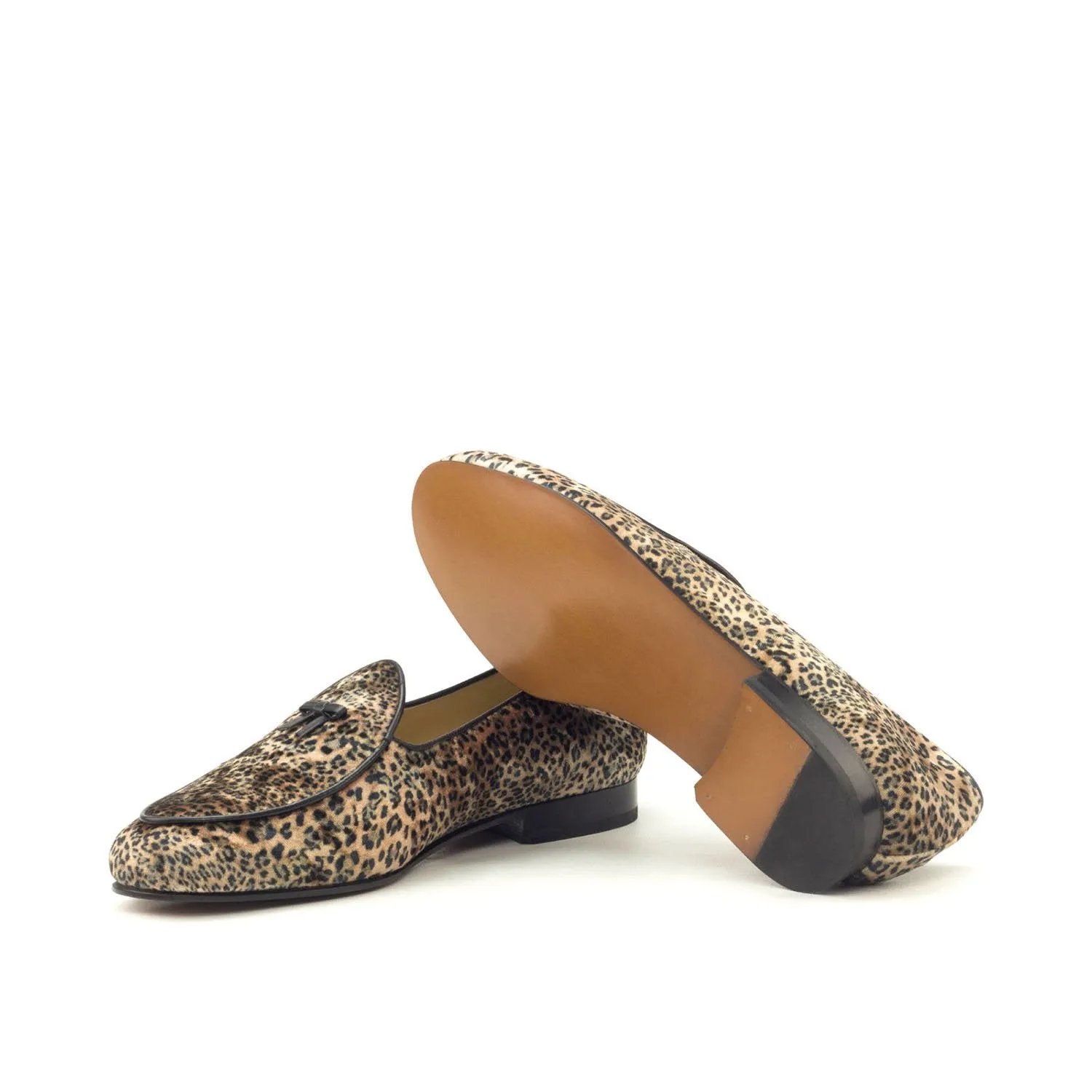 Ambrogio Bespoke Men's Handmade Custom Shoes Black Leopard Sartorial / Calf-Skin Leather Belgian Loafers (AMB1357)