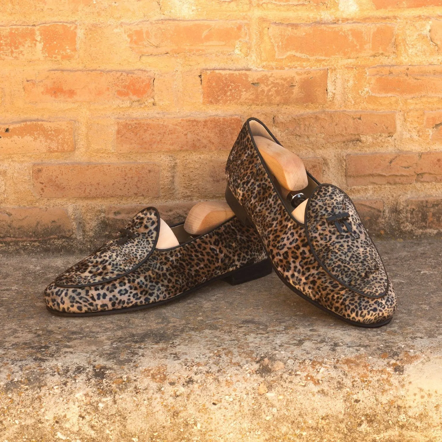 Ambrogio Bespoke Men's Handmade Custom Shoes Black Leopard Sartorial / Calf-Skin Leather Belgian Loafers (AMB1357)