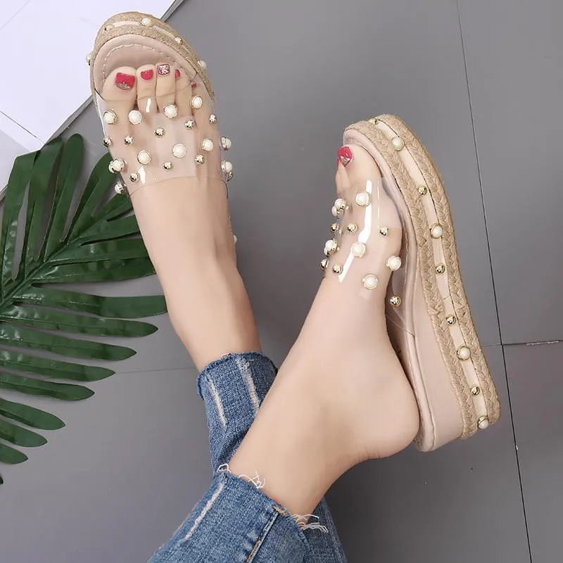 Chicvane Open Toe Slides Shoes with Pearl Wedge Sandals