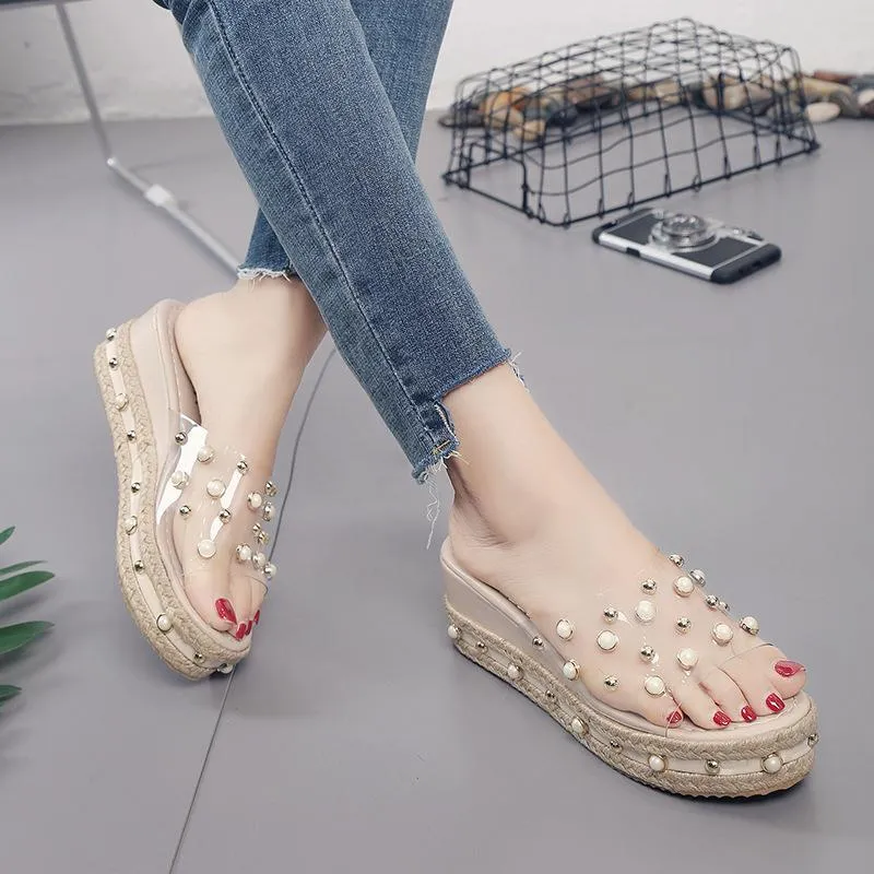 Chicvane Open Toe Slides Shoes with Pearl Wedge Sandals