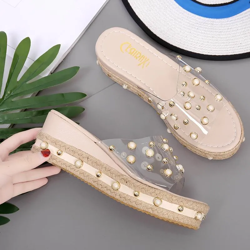 Chicvane Open Toe Slides Shoes with Pearl Wedge Sandals