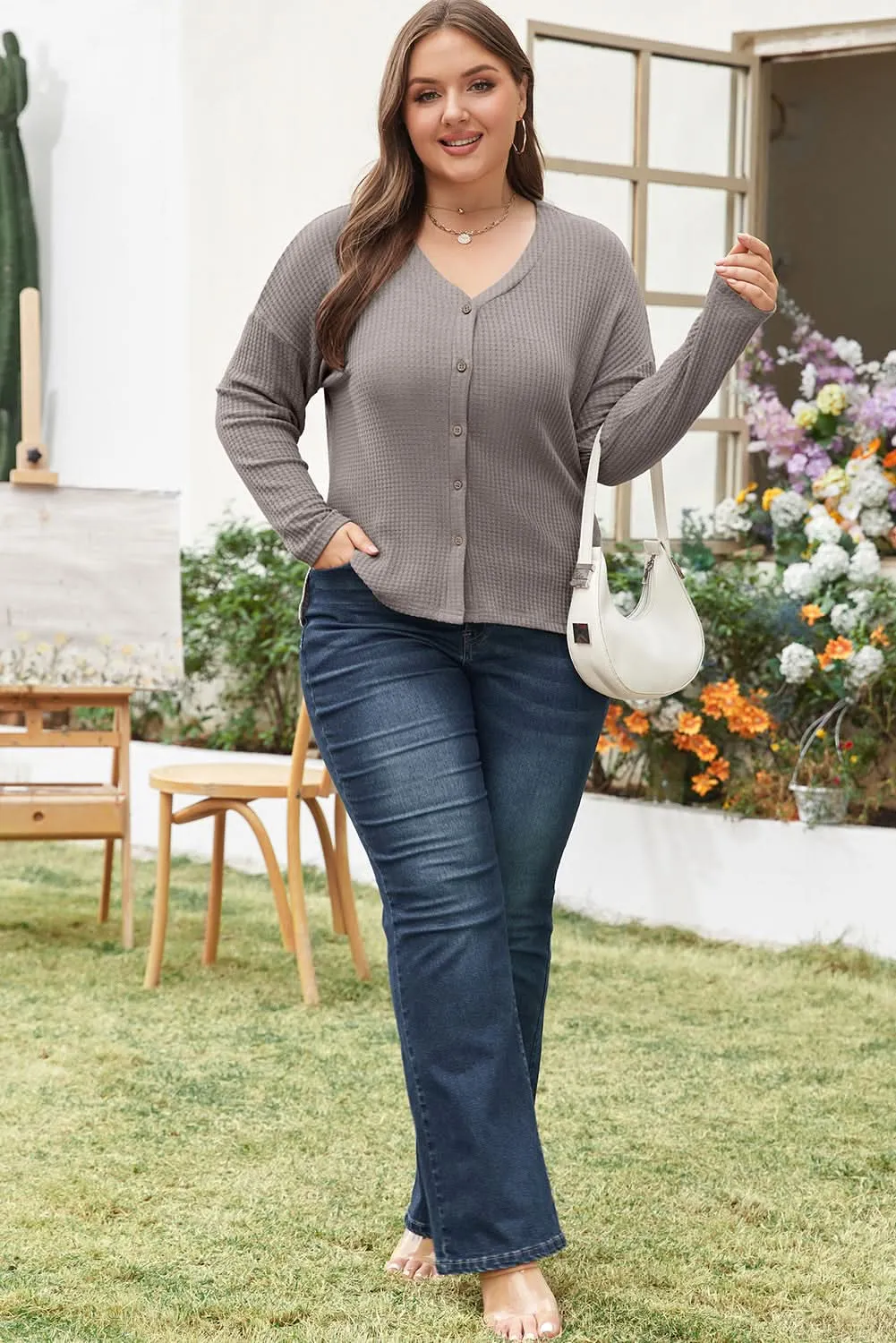 Cozy taupe plus size v-neck top