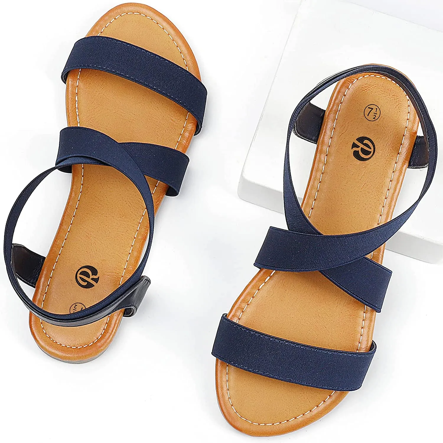 Cross Strap Navy Non Slip Flat Elastic Sandals