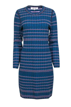 Diane von Furstenberg - Blue & Purple Knit Long Sleeve Sheath Dress Sz L