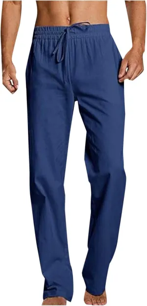Linen Pants for Men Casual Elastic Drawstring Waist Loose Beach Pant Lightweight Comfy Vacation Trousers with Pockets