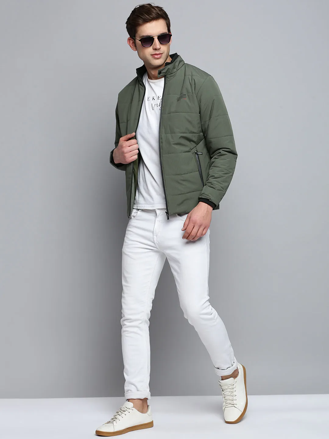 Men Olive Mock Collar Water Resistant Padded Jacket