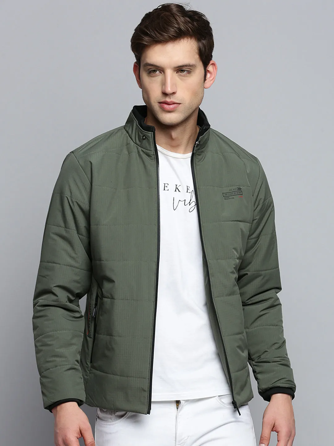 Men Olive Mock Collar Water Resistant Padded Jacket