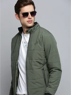 Men Olive Mock Collar Water Resistant Padded Jacket