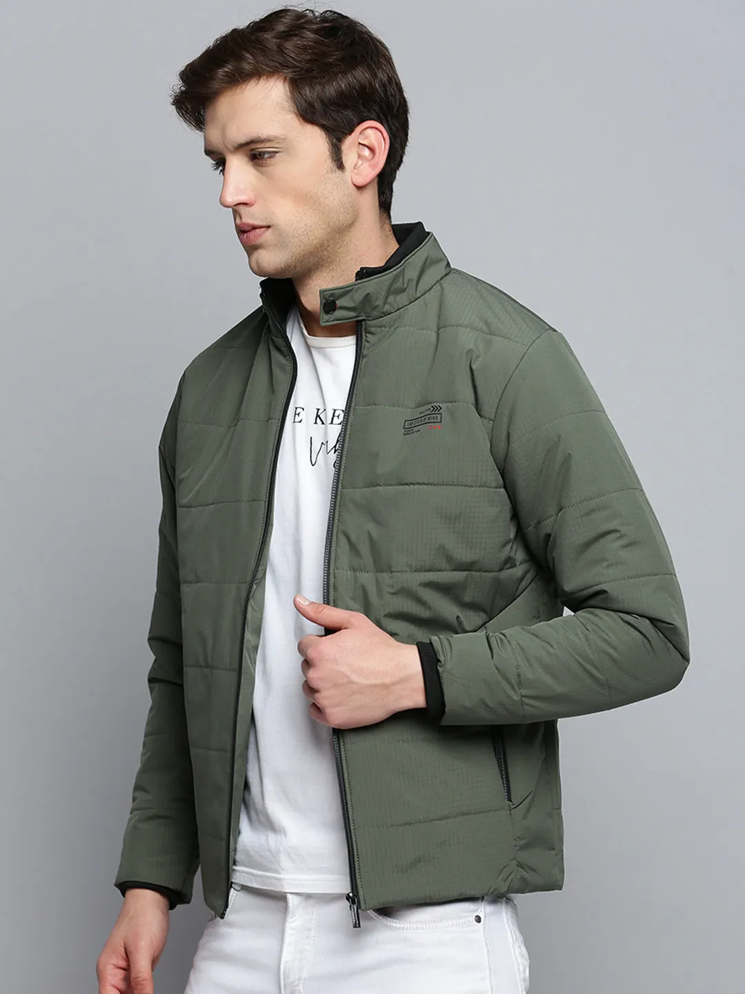 Men Olive Mock Collar Water Resistant Padded Jacket