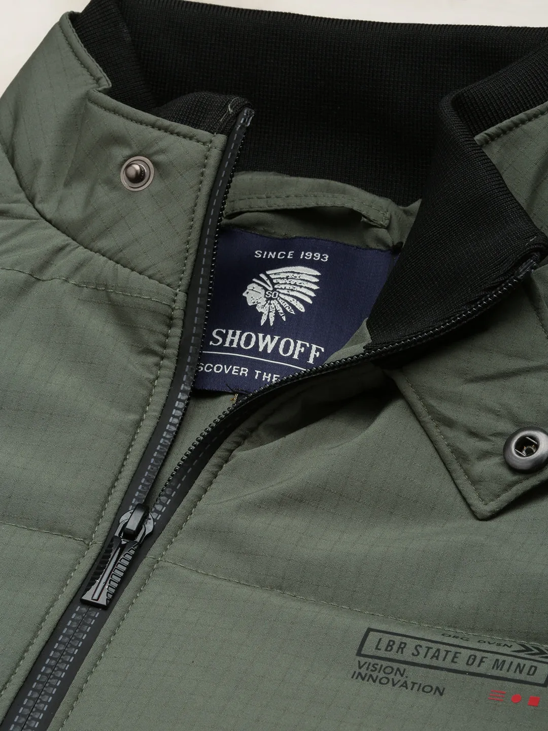 Men Olive Mock Collar Water Resistant Padded Jacket