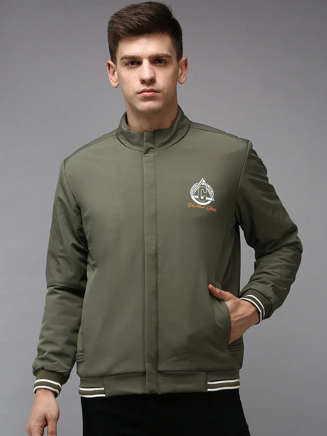 Men Olive Water Resistant Bomber Jacket
