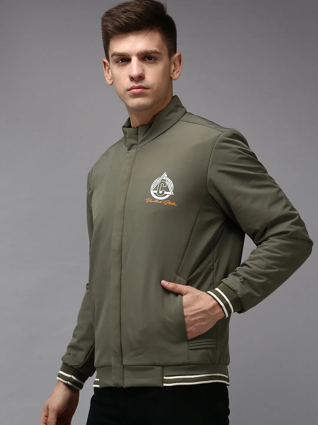 Men Olive Water Resistant Bomber Jacket