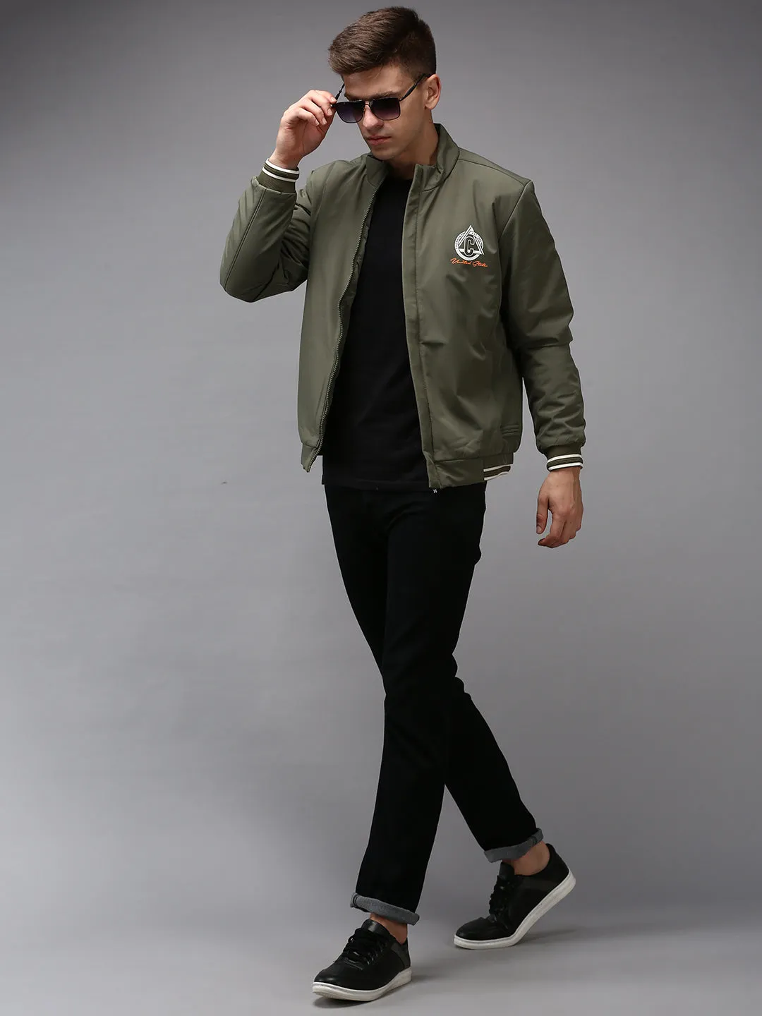 Men Olive Water Resistant Bomber Jacket