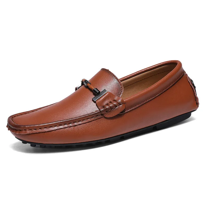 Mens Loafers  Smooth Leather Slip-On  Metal Buckle  Round Toe  Textured Sole