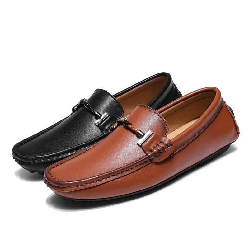 Mens Loafers  Smooth Leather Slip-On  Metal Buckle  Round Toe  Textured Sole