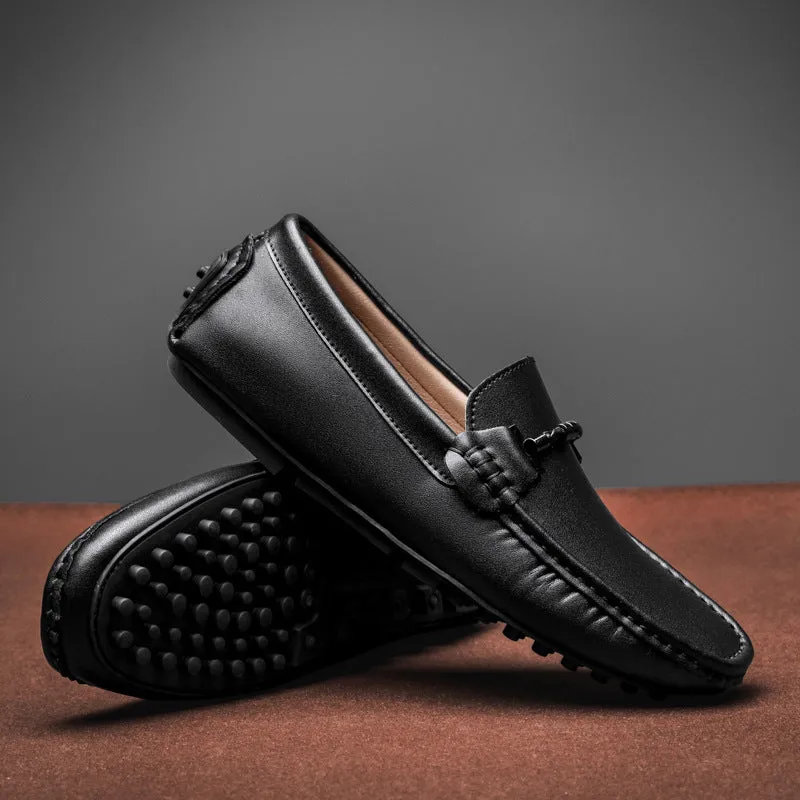 Mens Loafers  Smooth Leather Slip-On  Metal Buckle  Round Toe  Textured Sole