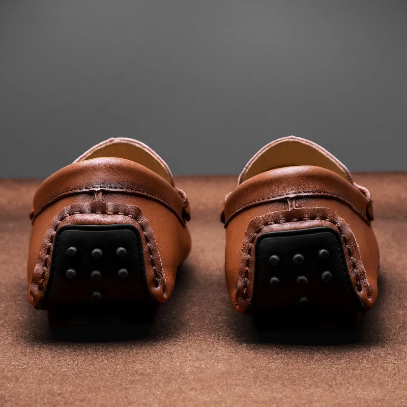 Mens Loafers  Smooth Leather Slip-On  Metal Buckle  Round Toe  Textured Sole