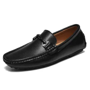 Mens Loafers  Smooth Leather Slip-On  Metal Buckle  Round Toe  Textured Sole