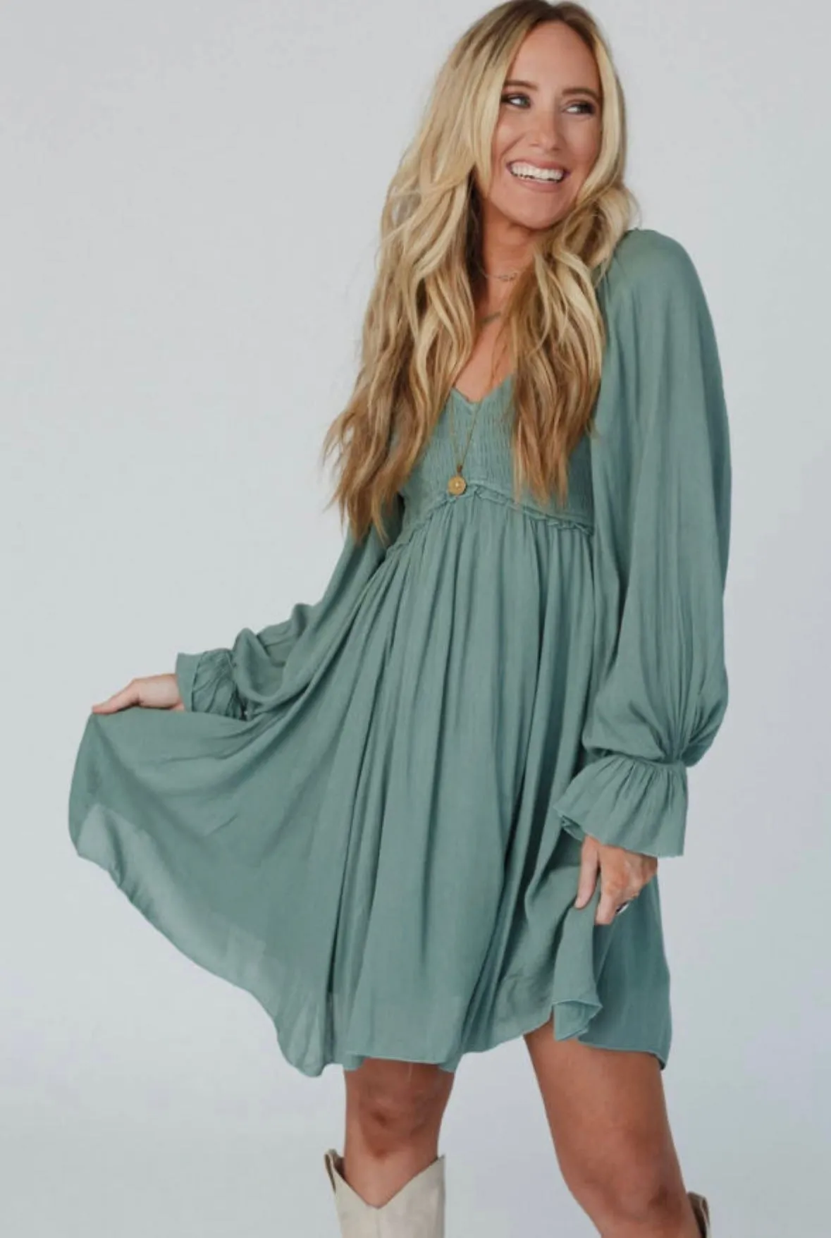 Mist Green Bubble Sleeve Dress