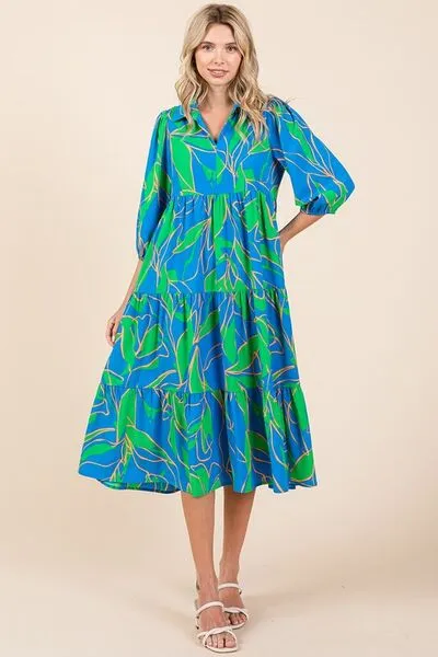 Mittoshop Tiered Printed Collared Neck Midi Dress In Blue