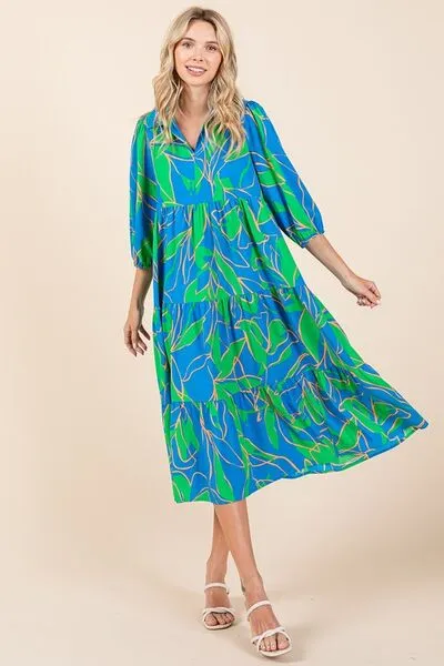 Mittoshop Tiered Printed Collared Neck Midi Dress In Blue