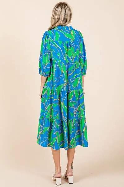 Mittoshop Tiered Printed Collared Neck Midi Dress In Blue