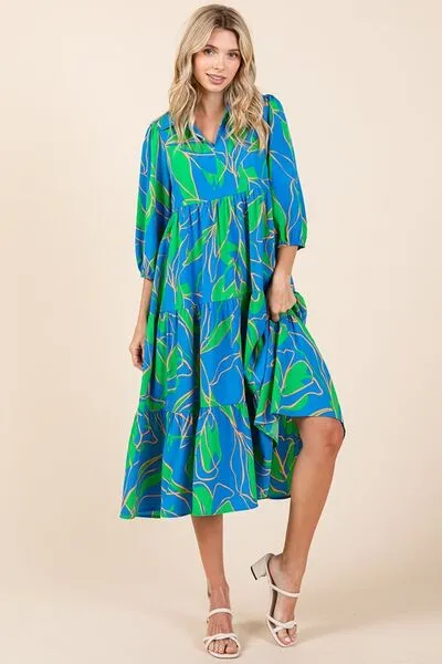 Mittoshop Tiered Printed Collared Neck Midi Dress In Blue