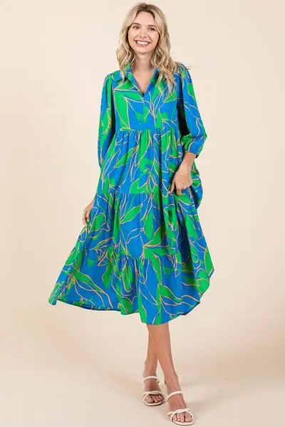 Mittoshop Tiered Printed Collared Neck Midi Dress In Blue