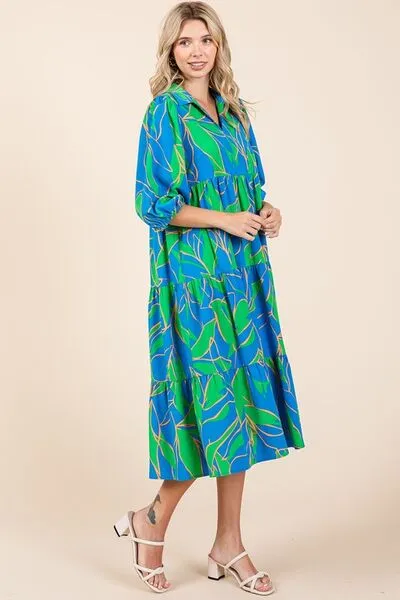 Mittoshop Tiered Printed Collared Neck Midi Dress In Blue