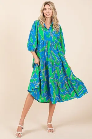 Mittoshop Tiered Printed Collared Neck Midi Dress In Blue