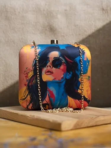 Multicoloured Women Portrait Printed Clutch