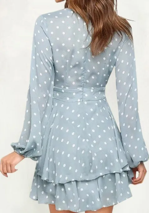 Sky Blue Waist Tie Dotted Dress
