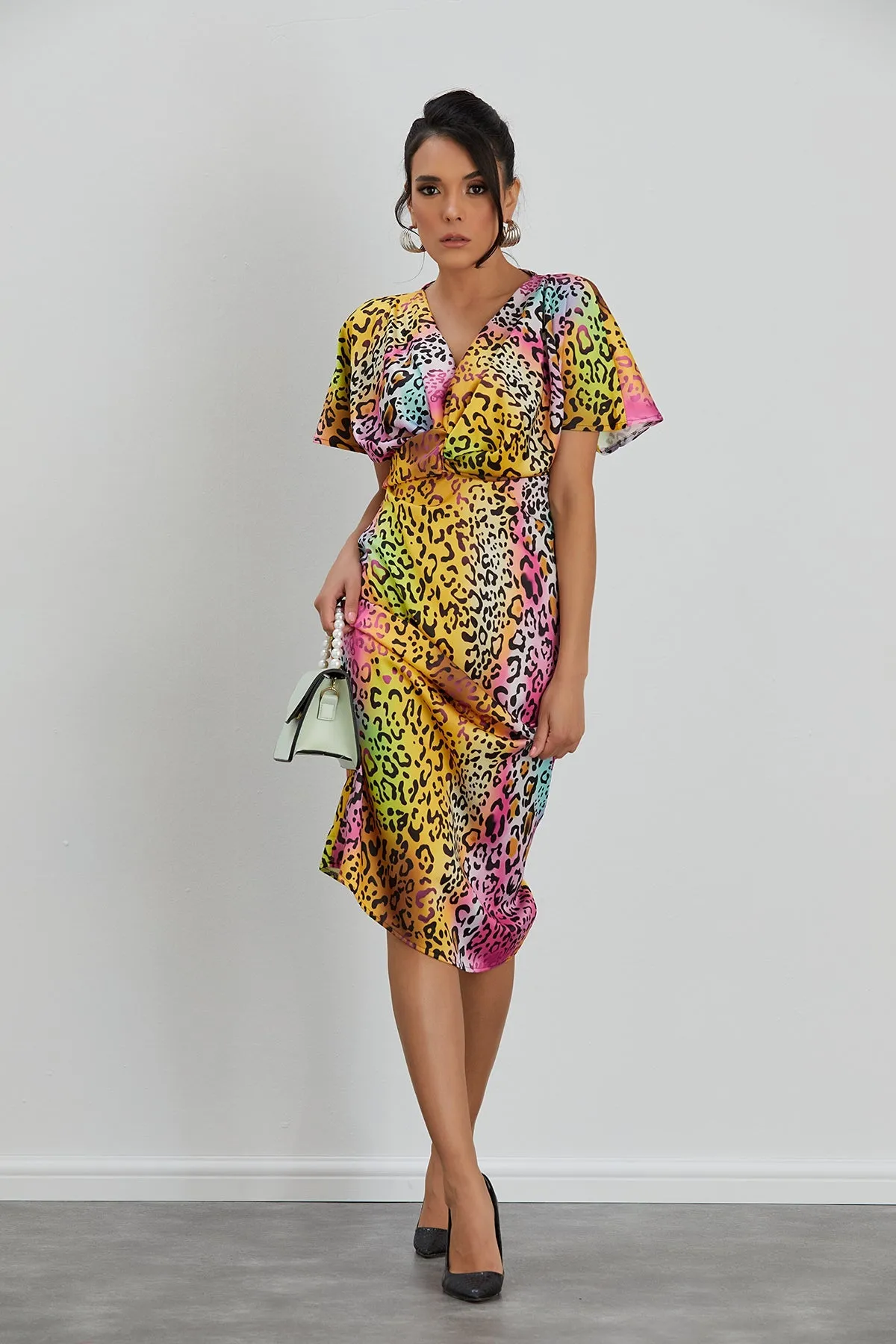 Twist Midi Dress in Pink Leopard print