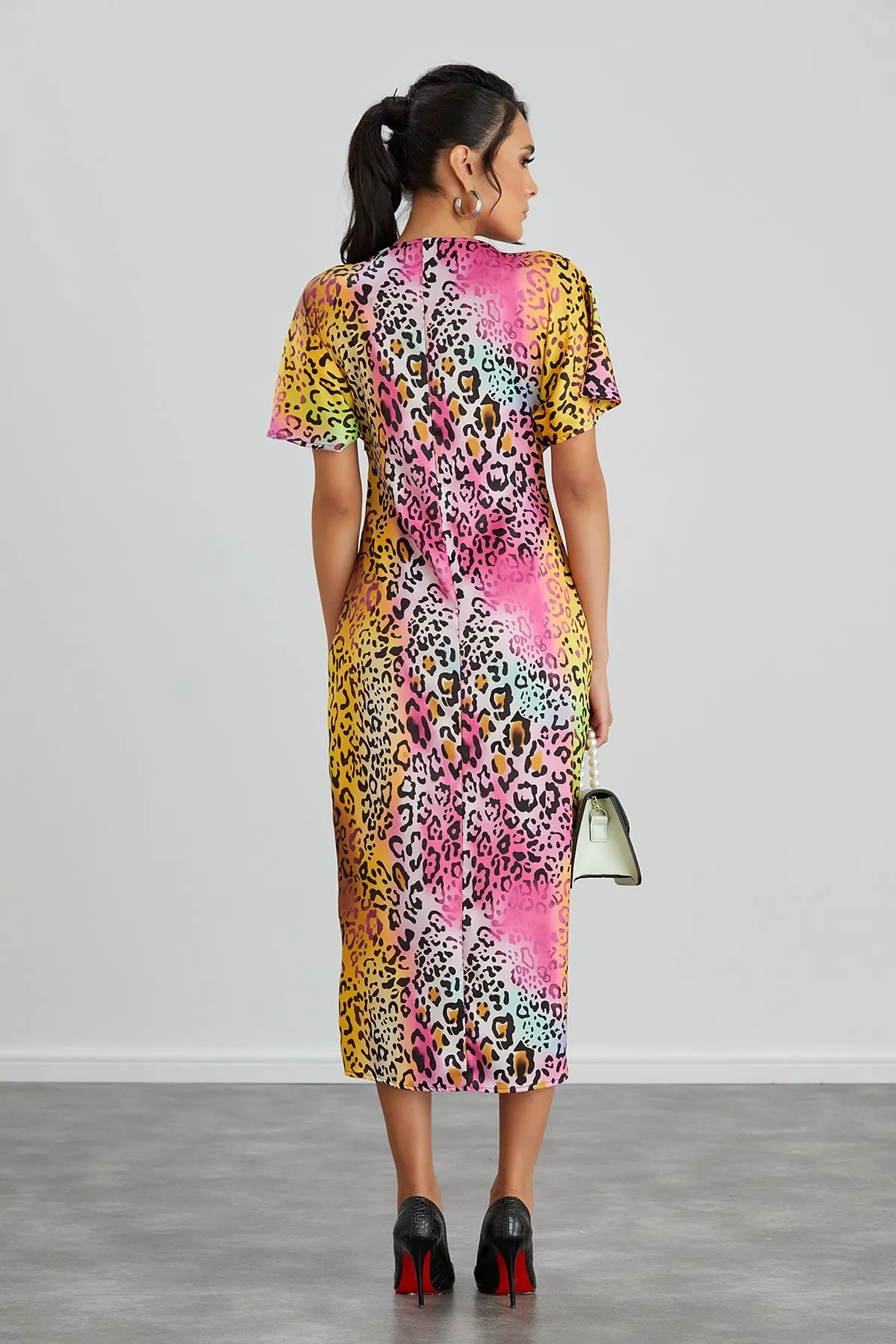 Twist Midi Dress in Pink Leopard print