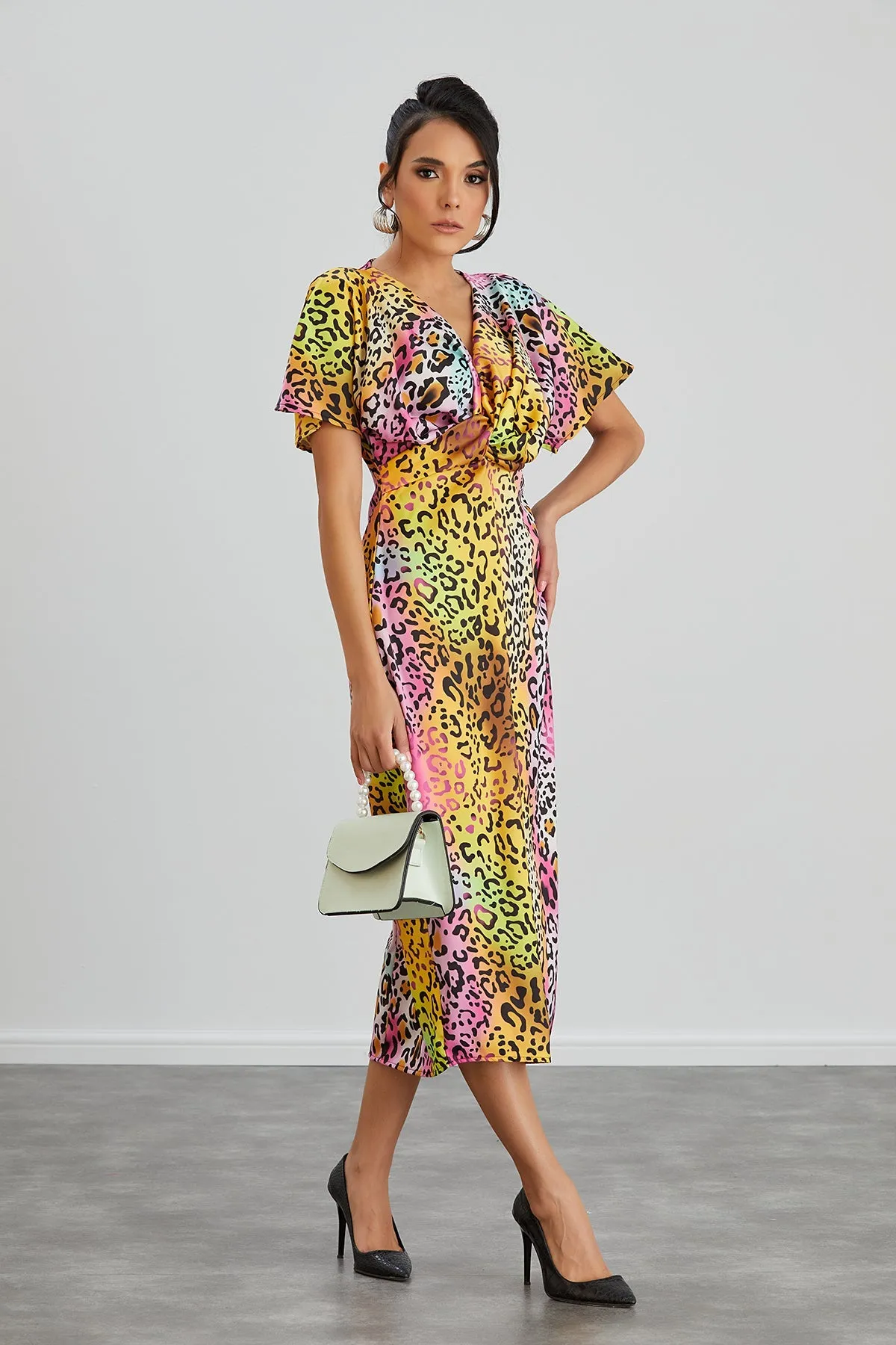 Twist Midi Dress in Pink Leopard print