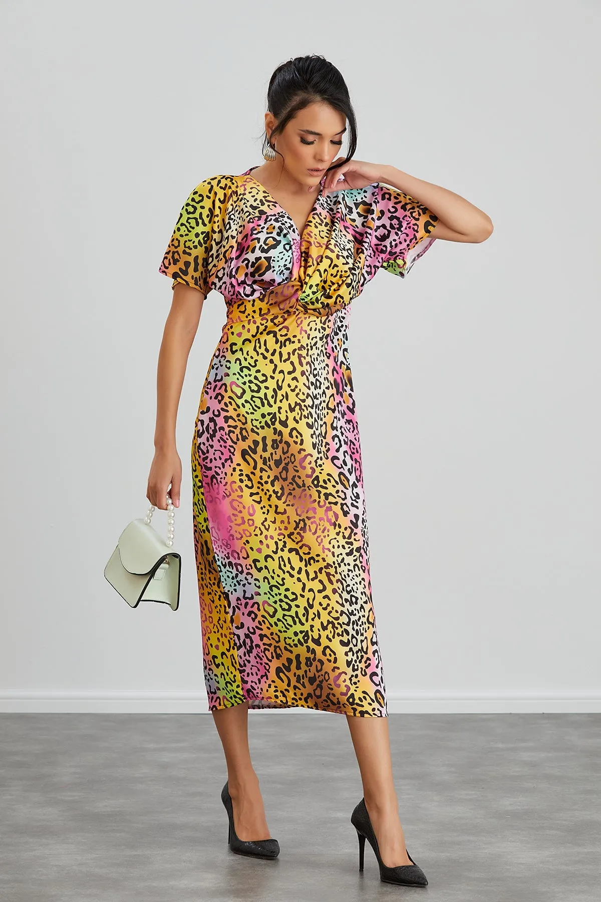 Twist Midi Dress in Pink Leopard print