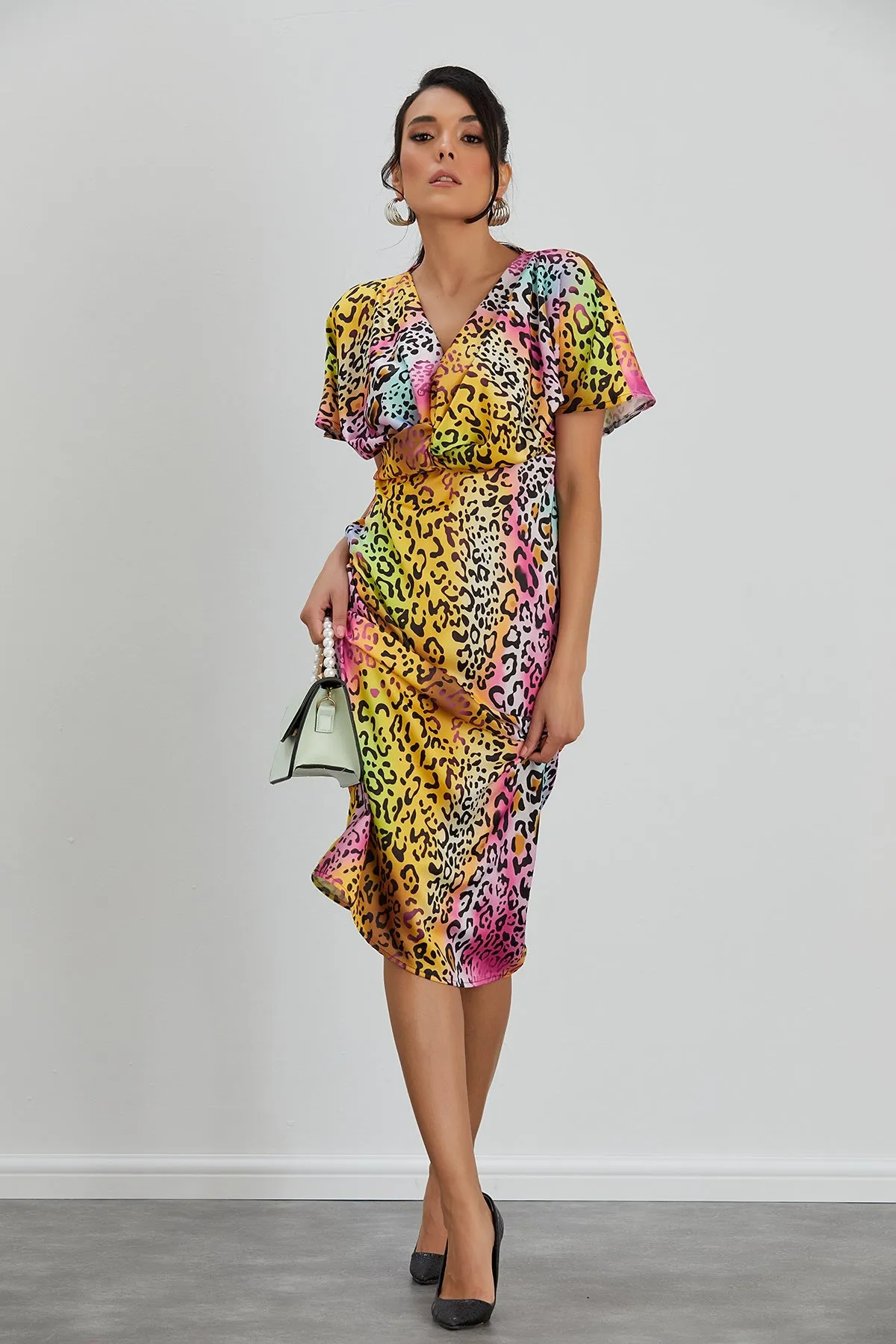 Twist Midi Dress in Pink Leopard print