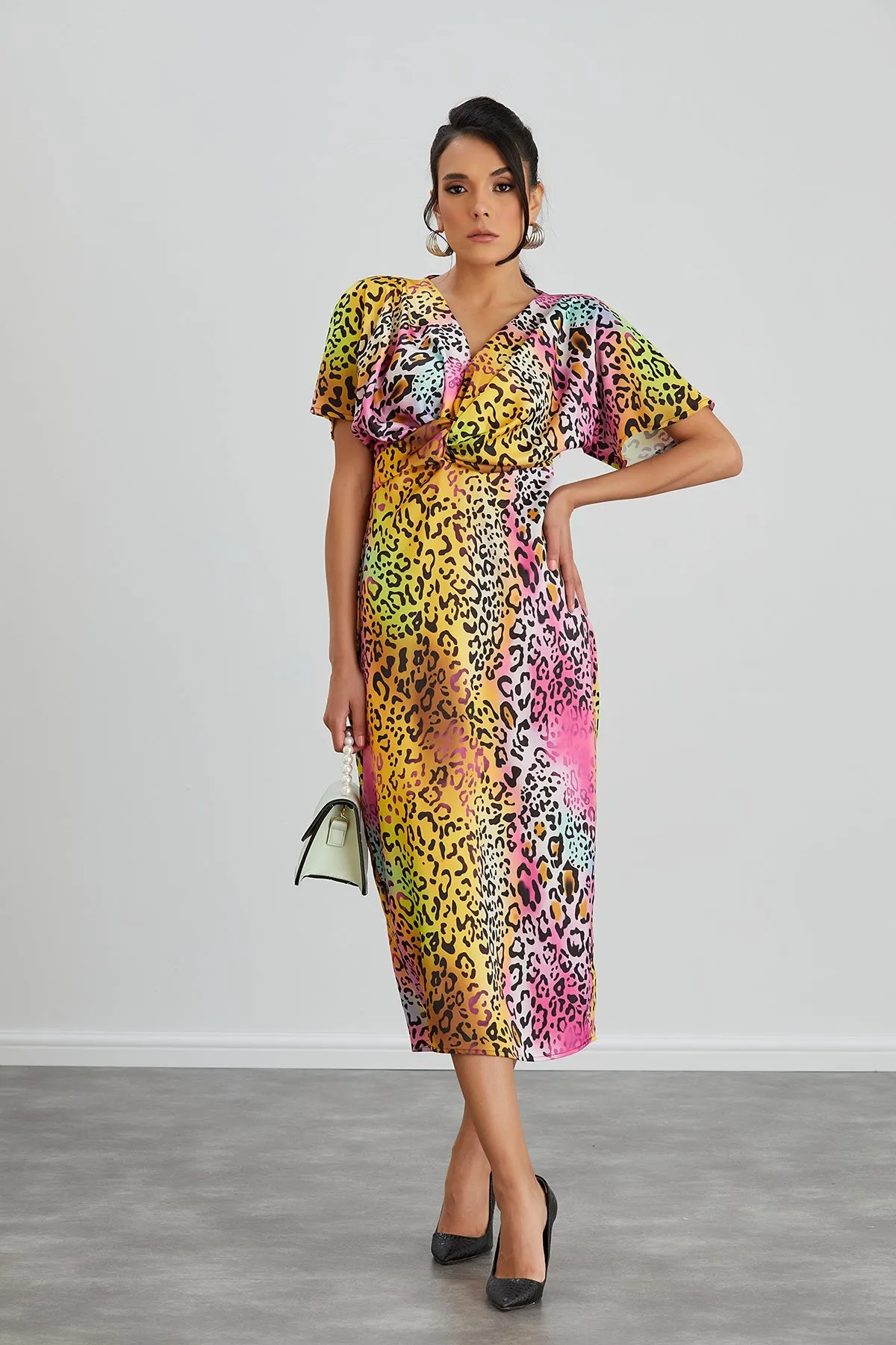 Twist Midi Dress in Pink Leopard print