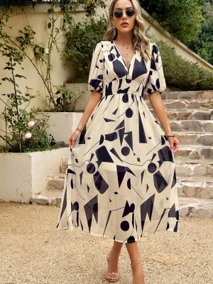 V Neck Ankle Length Short Sleeves Apricot Wedding Guest Dress