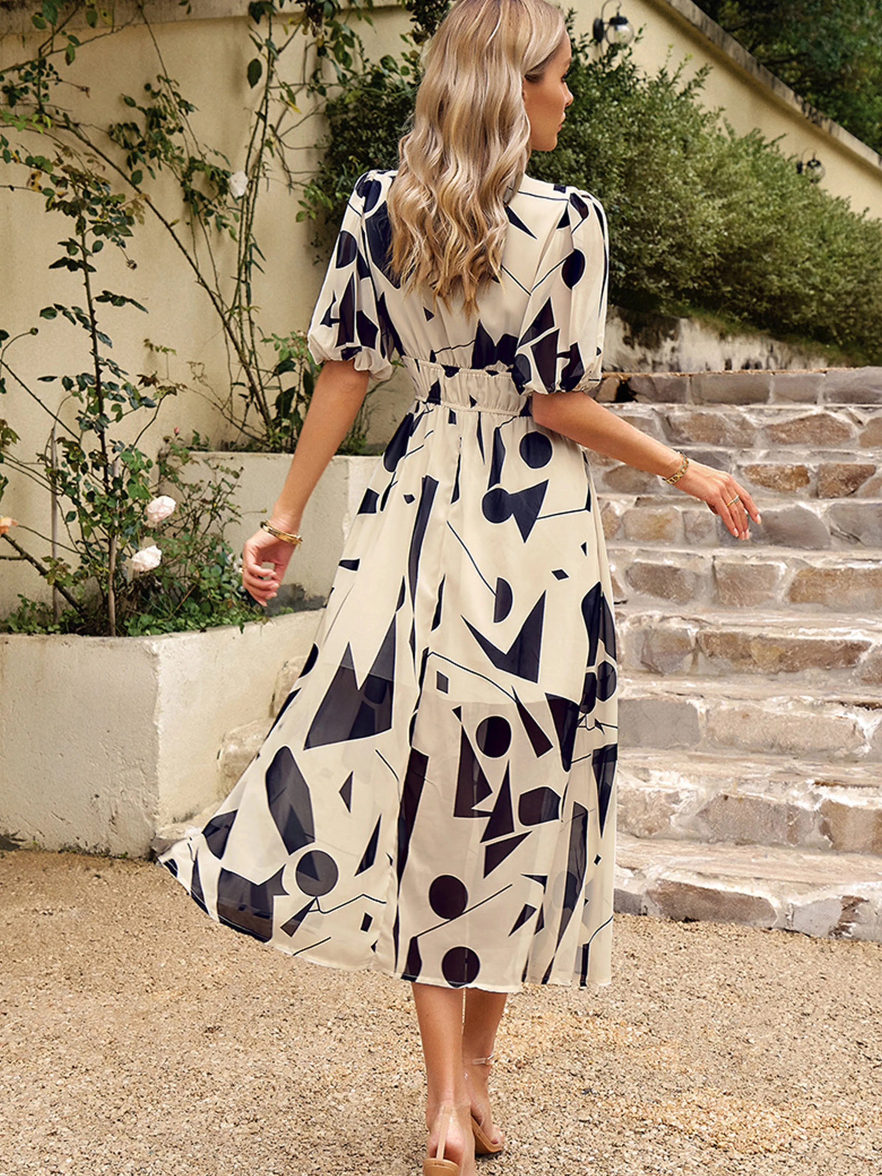 V Neck Ankle Length Short Sleeves Apricot Wedding Guest Dress