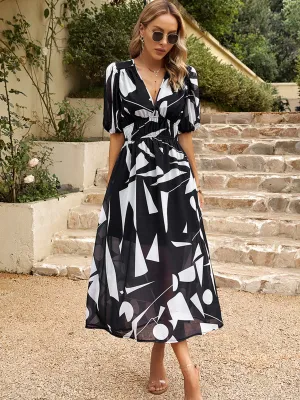 V Neck Ankle Length Short Sleeves Black Wedding Guest Dress