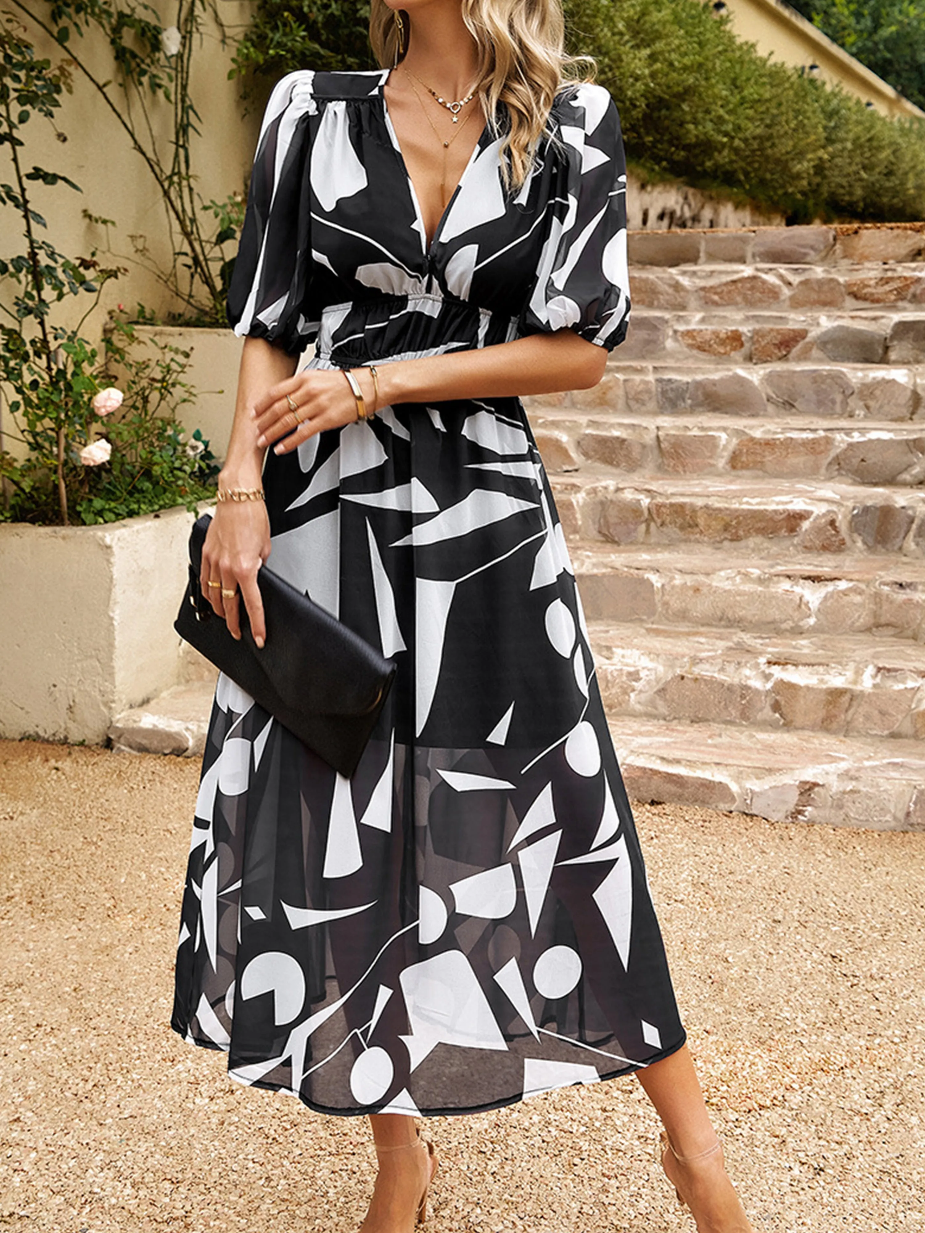 V Neck Ankle Length Short Sleeves Black Wedding Guest Dress