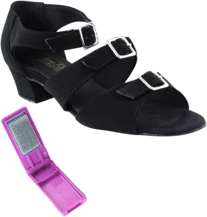 Very Fine Dance Shoes - Ladies Practice, Cuban Low Heel Ballroom Dance Shoes - 1679-1.5-inch Heel and Foldable Brush Bundle - Black Nubuck - 10