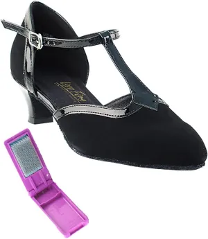 Very Fine Dance Shoes - Ladies Practice, Cuban Low Heel, Waltz Ballroom Dance Shoes - 9627-1.3-inch Heel and Foldable Brush Bundle - Black Nubuck - Black Trim - 9.5
